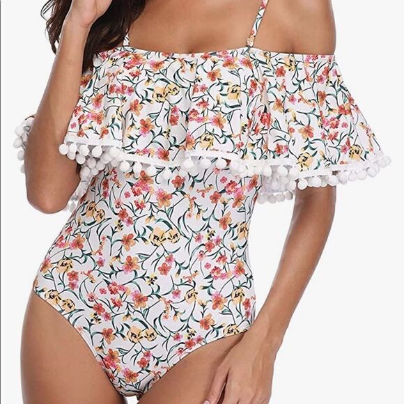 Tempt Me Ruffle One Piece Off Shoulder Swimsuit Tummy Control Floral Printed NWT - Picture 13 of 16